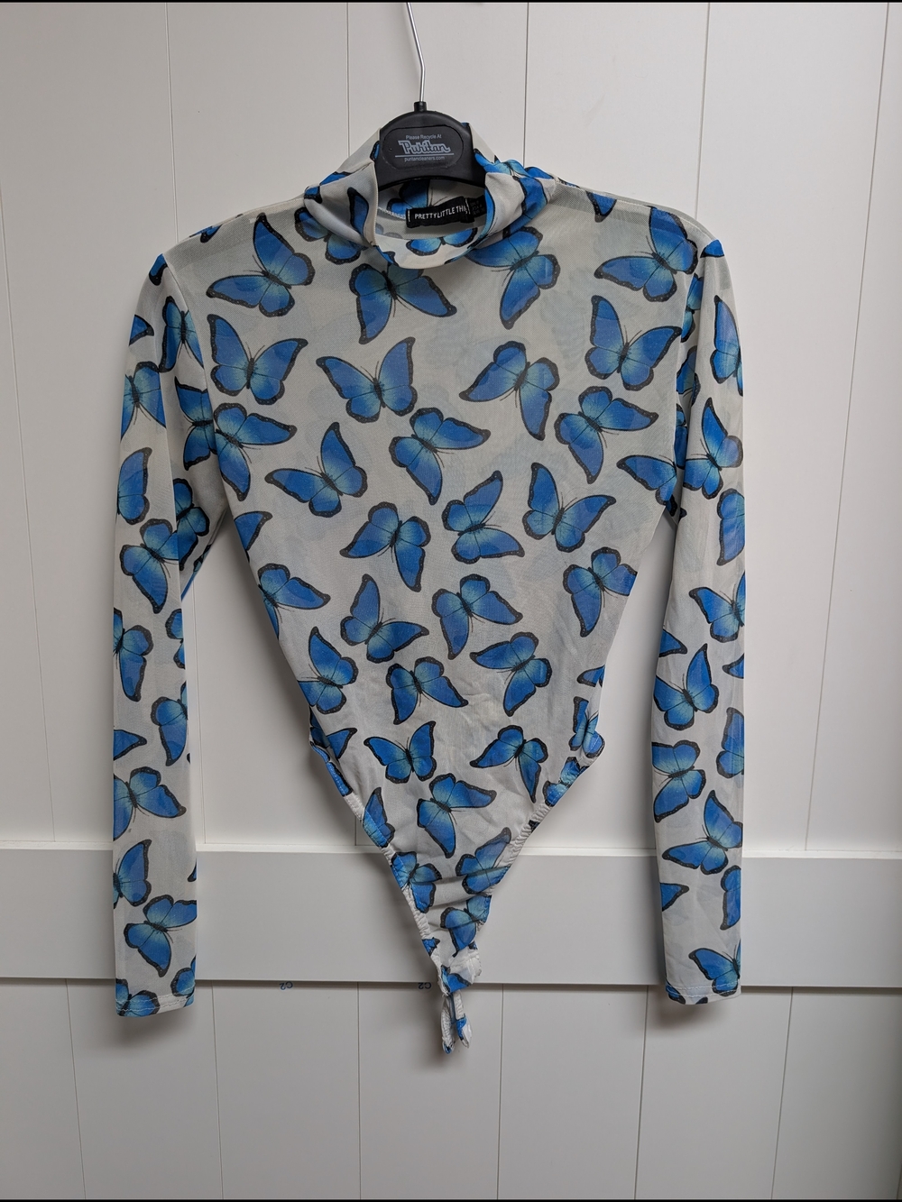 PrettyLittleThing Sheer Blue Butterfly Print Bosysuit, sz 4